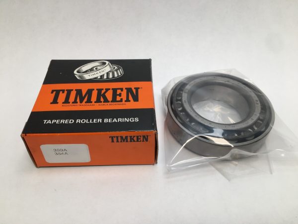 Timken 359A/354A tapered roller bearing cone and cup set next to its Timken box