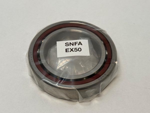 SNFA EX50 angular contact spindle bearing in plastic wrap, labeled SNFA EX50, open design