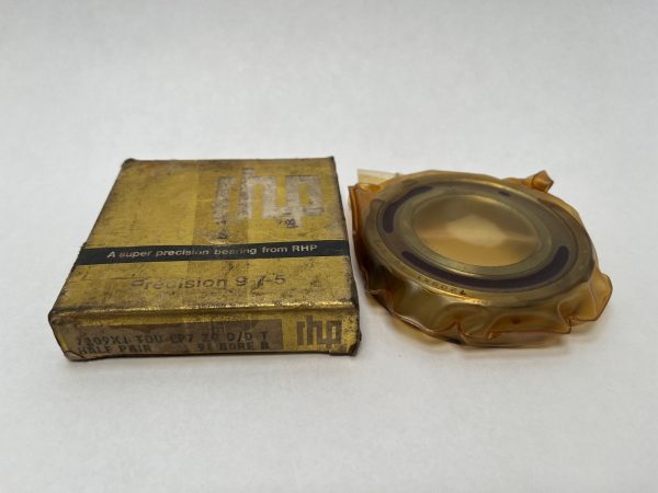 RHP 7209X1TDUEP7 angular contact ball bearing wrapped in plastic beside its original branded box
