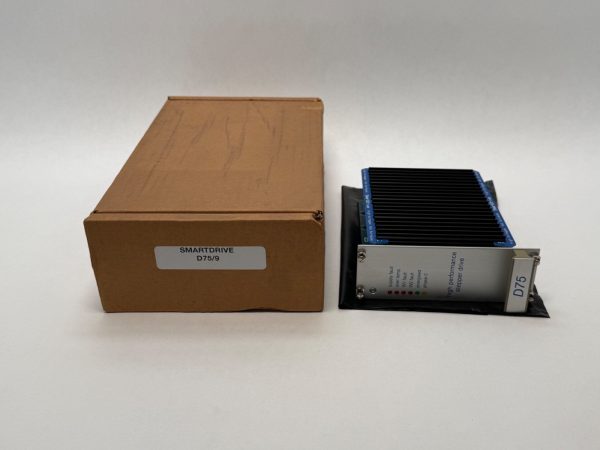 SmartDrive D75/9 stepper motor drive module with heatsink and status LEDs, beside its original box