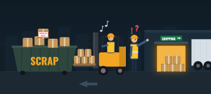 Forklift driver carrying new-in-box MRO stock to a scrap bin while a coworker points toward the shipping dock
