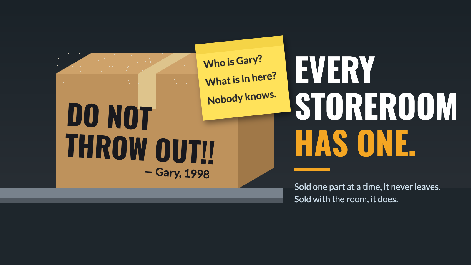 Dusty cardboard box marked DO NOT THROW OUT, Gary 1998, with a sticky note asking who Gary is and what is inside