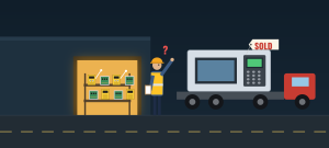 Truck hauling away a sold CNC machine while its spare Fanuc boards and amplifiers wave goodbye from a shelf