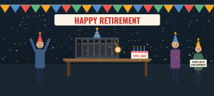 Cartoon retirement party for an old PLC rack wearing a party hat, with a coworker holding a sign asking who gets the spares