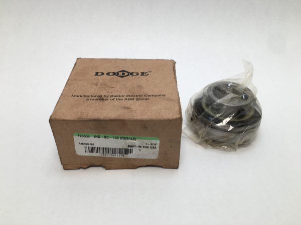 Dodge INS-SC-103 1-3/16" ball bearing insert with spherical outer race, shown next to its Dodge box