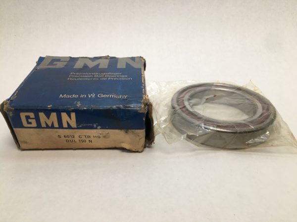 GMN S6012CTBHGDUL angular contact ball bearing in plastic wrap beside its original blue GMN box