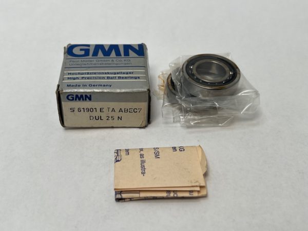 GMN S61901ETAP4DUL angular contact ball bearing in plastic wrap beside its labeled GMN box
