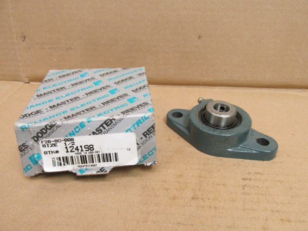 Dodge F2B-SC-008 flange mount ball bearing unit, 1/2 in bore, next to its original box