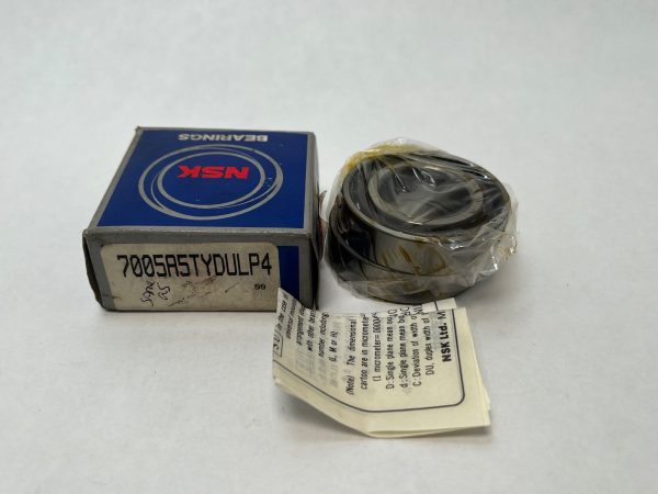 NSK 7005A5TYDULP4 angular contact ball bearing pair, shrink-wrapped, next to its box and spec sheet