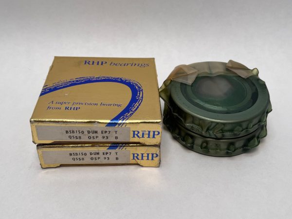 RHP BSB150DUHP4 angular contact ball screw support bearing duplex pair, in wrapping beside two gold RHP boxes