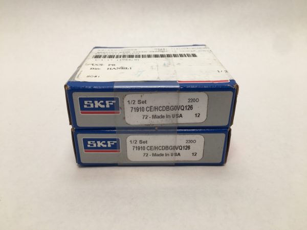 Two stacked SKF boxes labeled 71910 CE/HCDBG0VQ126, 1/2 Set, Made in USA