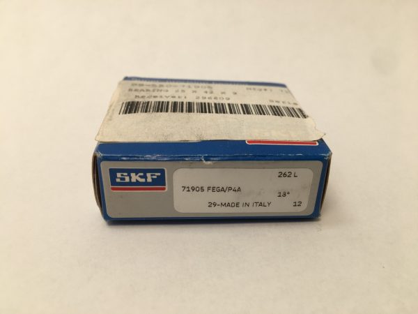 SKF 71905 FEGA/P4A angular contact ball bearing box with barcode label, made in Italy