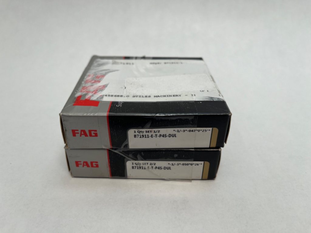 Two stacked FAG boxes labeled B71911-E-T-P4S-DUL, a matched pair of angular contact ball bearings