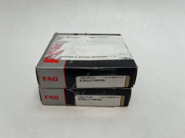 Two stacked FAG boxes labeled B71911-E-T-P4S-DUL, a matched pair of angular contact ball bearings