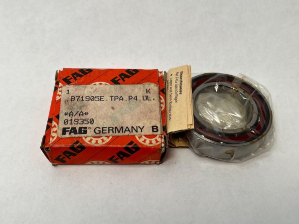 FAG B71905E.TPA.P4.UL angular contact ball bearing next to its original labeled box