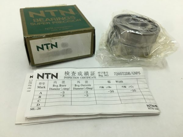 NTN 7205T2DB/GNP5 angular contact ball bearing pair in plastic wrap beside its box and inspection certificate