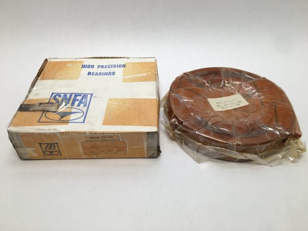 SNFA angular contact ball bearing in plastic wrap beside its High Precision Bearings box