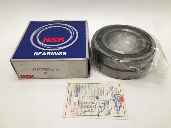 NSK 7214CTYDBC7P5 angular contact ball bearing, shown in plastic wrap next to its labeled NSK box and inspection card