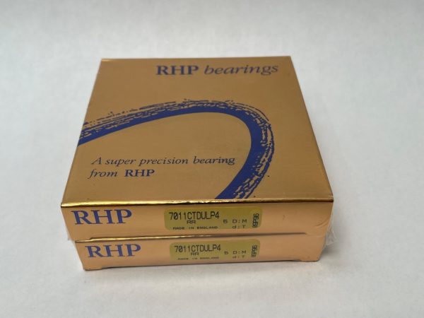 Two stacked gold RHP boxes labeled 7011CTDULP4, a super precision angular contact ball bearing matched pair