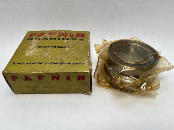 Fafnir 3MM9111WITUL angular contact ball bearing in plastic wrap next to its original Fafnir box