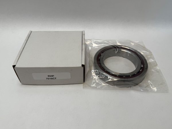 RHP 7016CT angular contact ball bearing in plastic wrap next to its labeled box