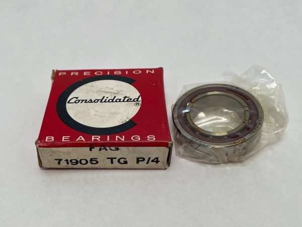 FAG B71905C.T.P4S.UL angular contact ball bearing in shrink wrap beside its Consolidated Bearings box