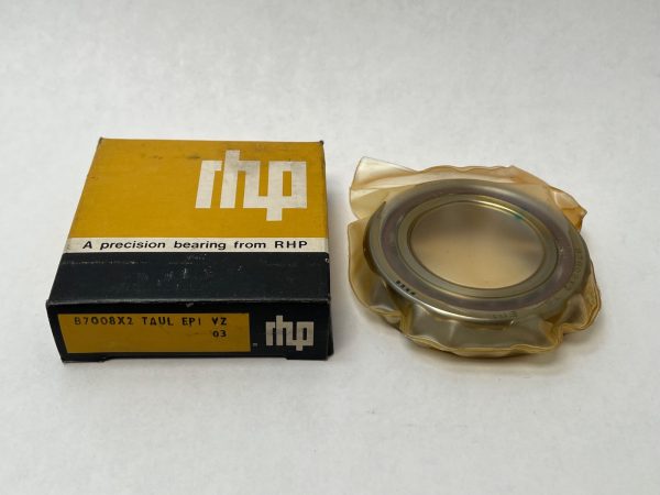 RHP 7008CTSULP0 angular contact ball bearing, unwrapped beside its original labeled box