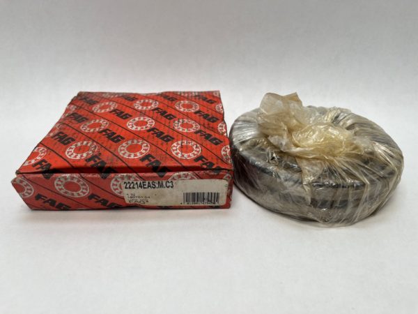SKF 22214EASMC3W33 spherical roller bearing shrink-wrapped next to its FAG branded box