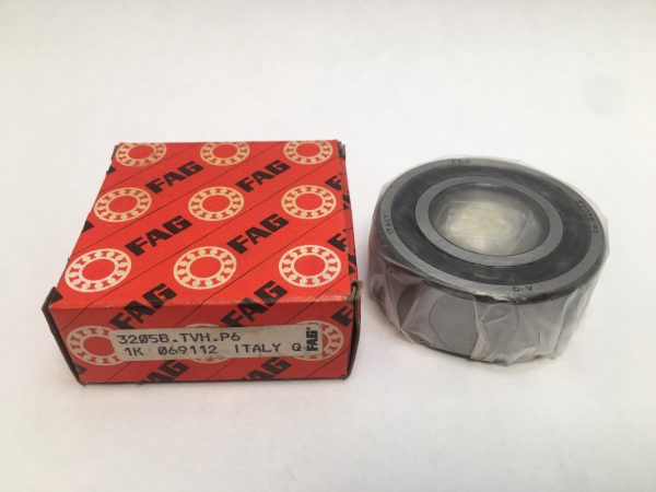 FAG 3205BTVHP6 double row angular contact ball bearing, shrink-wrapped, next to its red FAG box