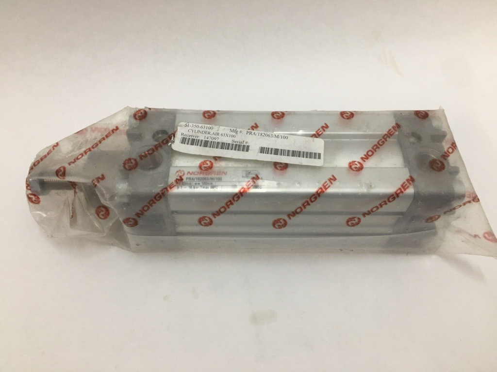 Norgren profile pneumatic cylinder in Norgren branded plastic wrap, with manufacturer label attached