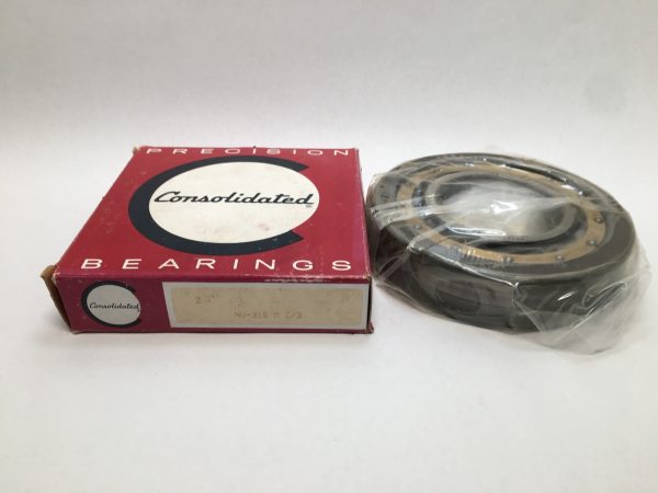 Consolidated NU-315 M C3 cylindrical roller bearing, shrink-wrapped, beside its branded box