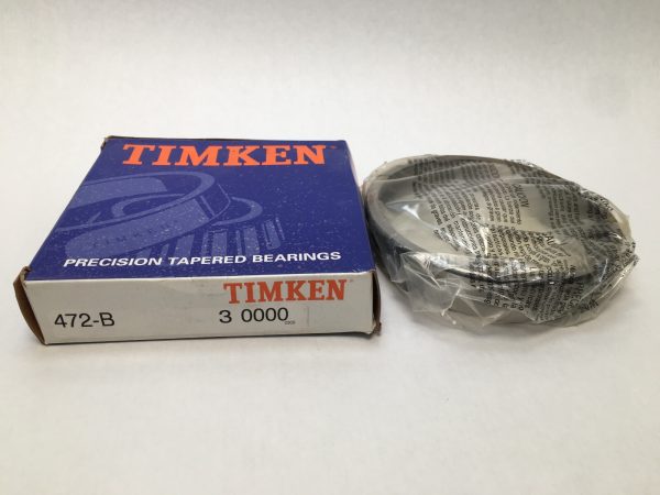 Timken 472B-3 flanged tapered roller bearing cup, wrapped, beside its Timken packaging box
