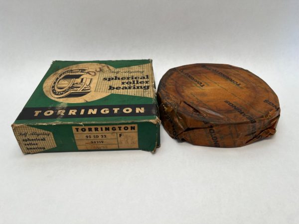 Torrington 22219W33 spherical roller bearing, wax-paper wrapped, beside its original Torrington box