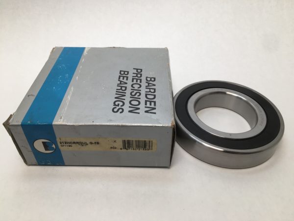 Barden 212HCRRDUL sealed angular contact ball bearing next to its Barden Precision Bearings box