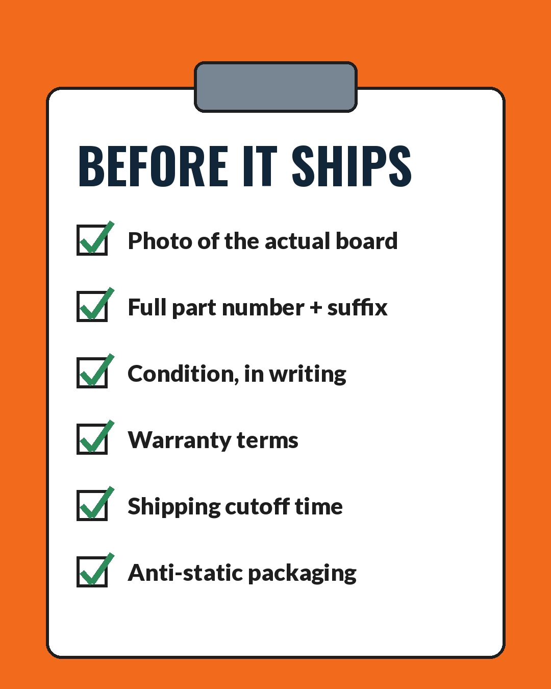 Checklist before a replacement CNC board ships: photo, full part number, condition, warranty, cutoff, anti-static packaging
