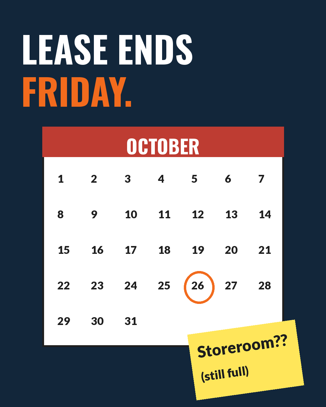 Lease end date circled with a sticky note: storeroom still full