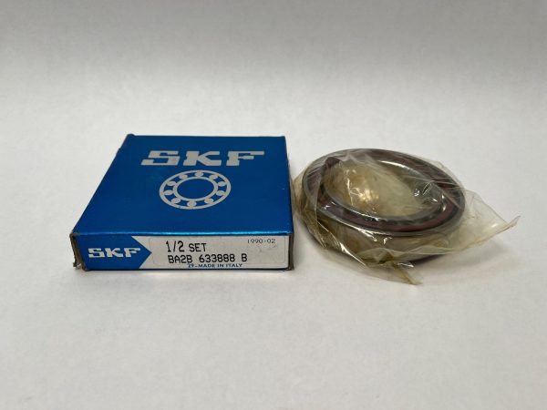 SKF angular contact ball bearing BA2B 633888 B beside its blue SKF box labeled 1/2 set