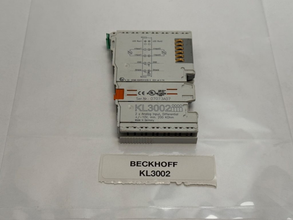 Beckhoff KL3002 DIN rail terminal module in a plastic bag with a label reading BECKHOFF KL3002