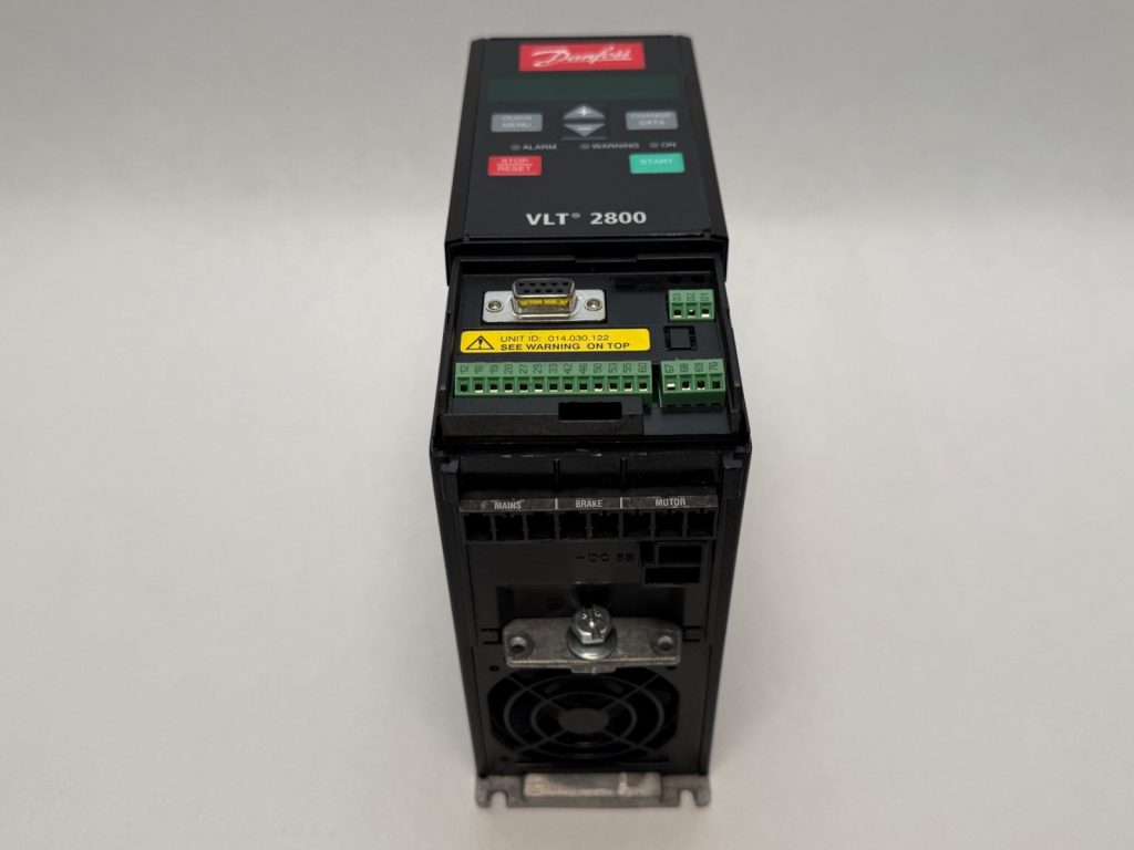 Danfoss VLT 2800 variable frequency AC drive, front view with control panel and open terminal cover
