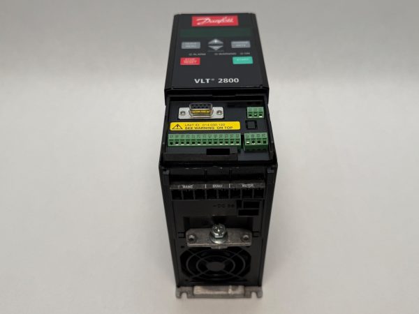 Danfoss VLT 2800 variable frequency AC drive, front view with control panel and open terminal cover