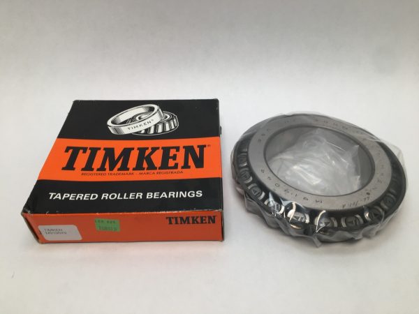 Timken M919049 tapered roller bearing cone next to its Timken packaging box