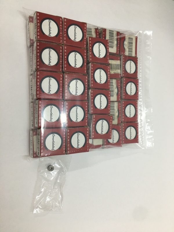 Bag of small red Consolidated Precision Bearings boxes with one MR-104-ZZ miniature ball bearing shown loose