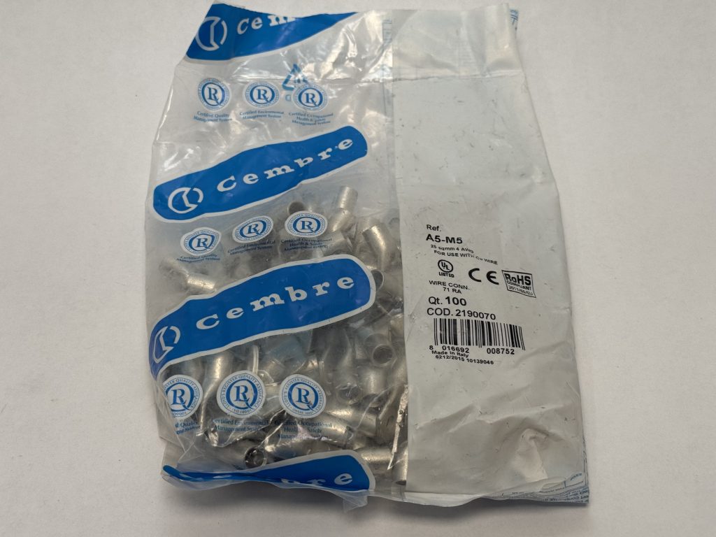 Cembre A5-M5 Tube Lug 25mm2 4 AWG M5 Stud Tinned Copper 2190070 Bag Of 100
