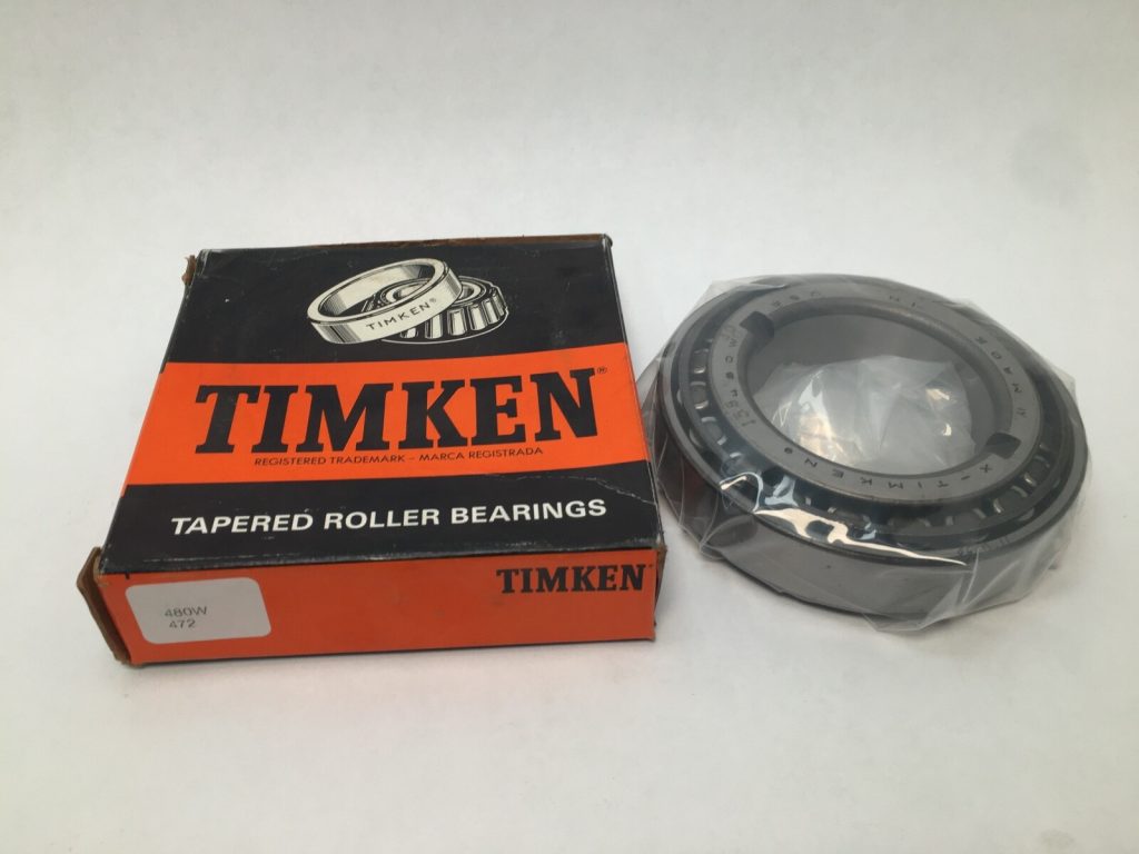 Timken 480W/472 tapered roller bearing cone and cup next to its Timken packaging box