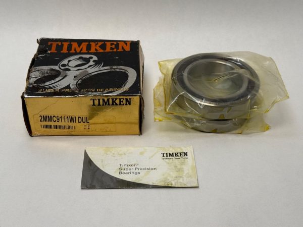 Timken 2MMC9111WI-DUL angular contact ball bearings in plastic wrap next to original Timken box and literature