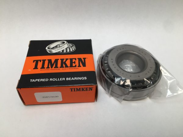 Timken 3581/3530 tapered roller bearing cone and cup set next to its retail box
