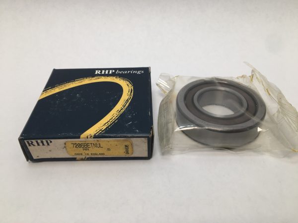 RHP 7206BETNUL angular contact ball bearing in plastic wrap beside its RHP bearings box