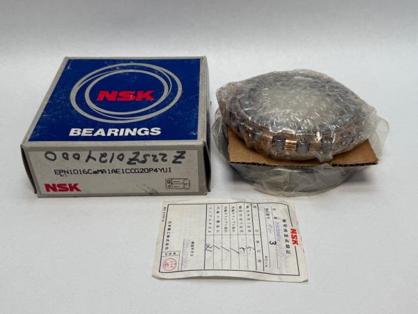 NSK cylindrical roller bearing EPN1016CaMA1AE1CCG20P4YUI, shrink-wrapped, beside its box and inspection slip