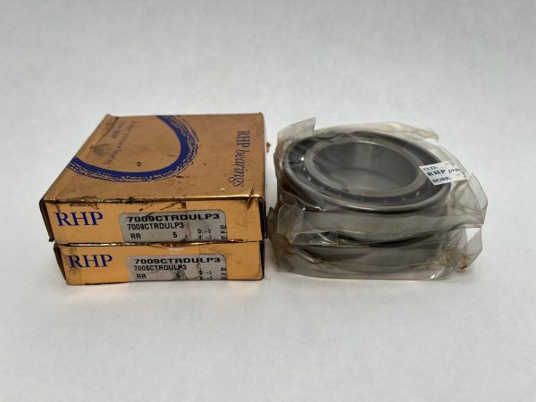 RHP 7009CTRDULP3 angular contact ball bearing pair, shrink-wrapped, beside two labeled RHP boxes