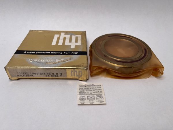 RHP 7212CTDULP4-1/2PR angular contact ball bearing wrapped in plastic beside its original gold RHP box